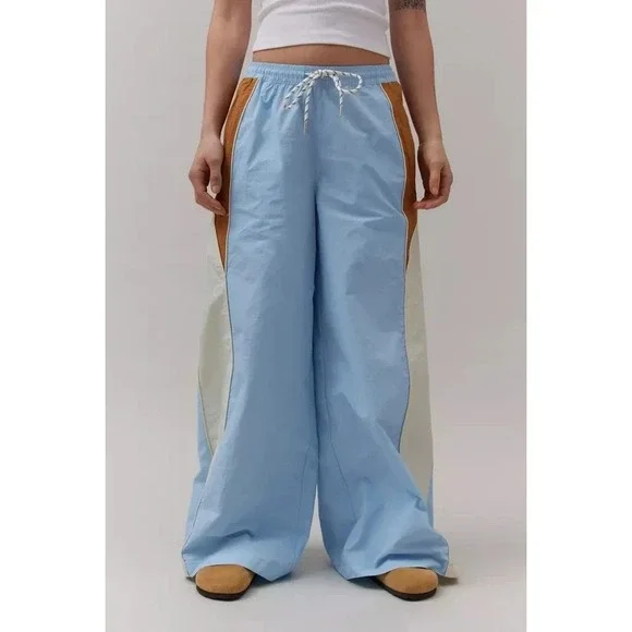 NEW BDG Adrienne Wide Leg Track Pants M Nylon Color Block Blue Tan White - Picture 2 of 11